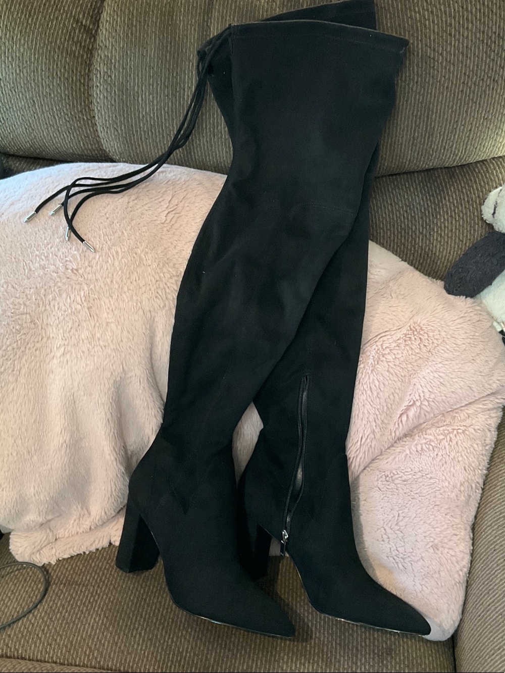Marc Fisher Black Suede Over-the-Knee Pointed Toe Block Heel Boots with Back Tie